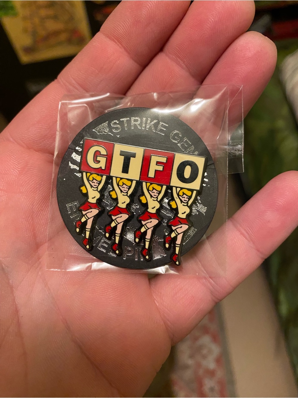 Brand New In Package Strike Gently “GTFO” Cheerleader Enamel Pin Dual Post